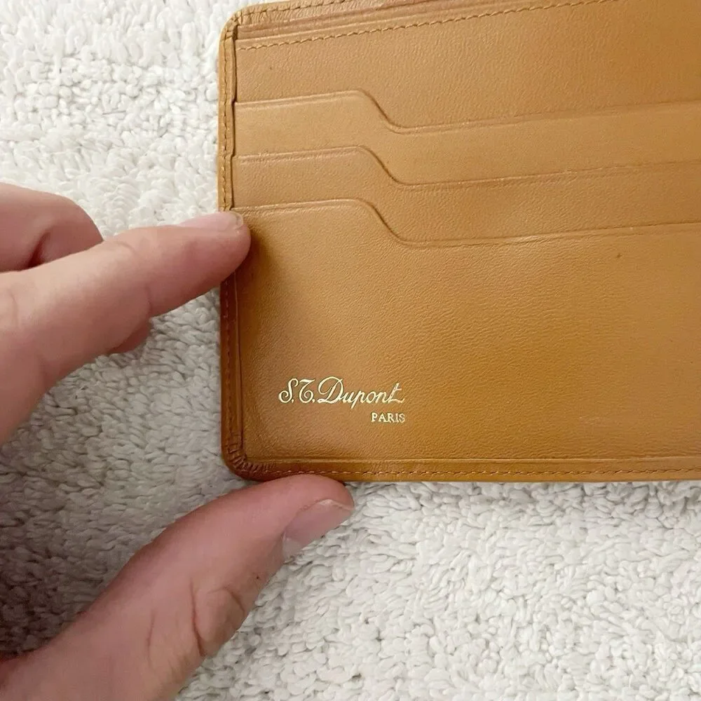 S.T. Dupont Vtg Men's Camel Brown Leather Bifold Wallet D Logo Snap Coin Pouch